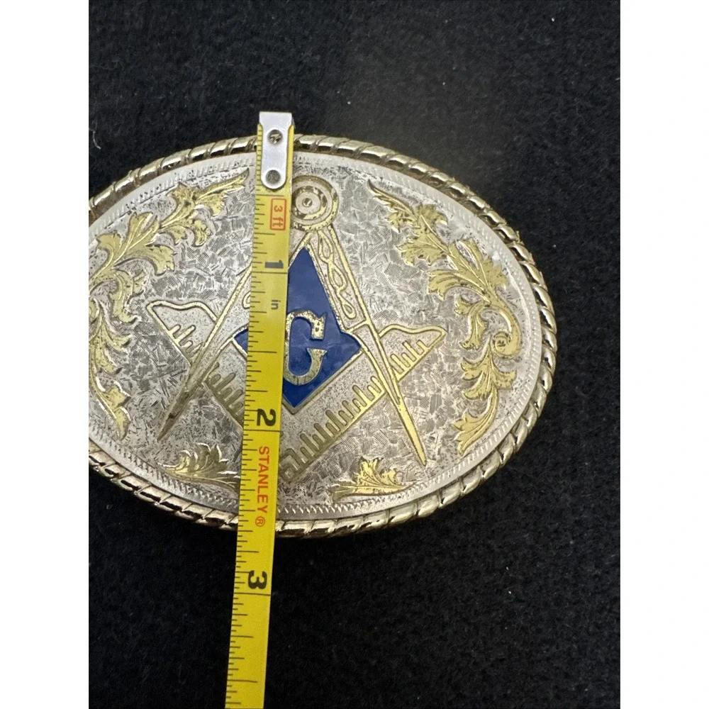 Vintage Masonic Belt Buckle Oval Gold Silver Tone Blue Freemason USA Made